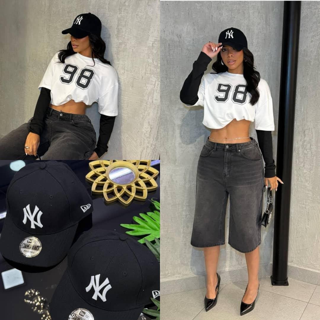 Woman modeling black NY cap with casual outfit alongside close-up product shots of black cap.