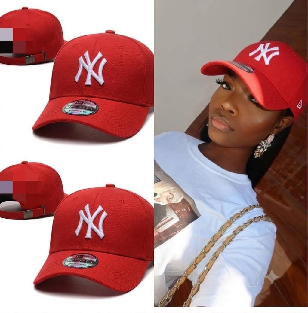 Multiple views of red baseball cap with white NY logo and New Era tag, plus woman wearing it.