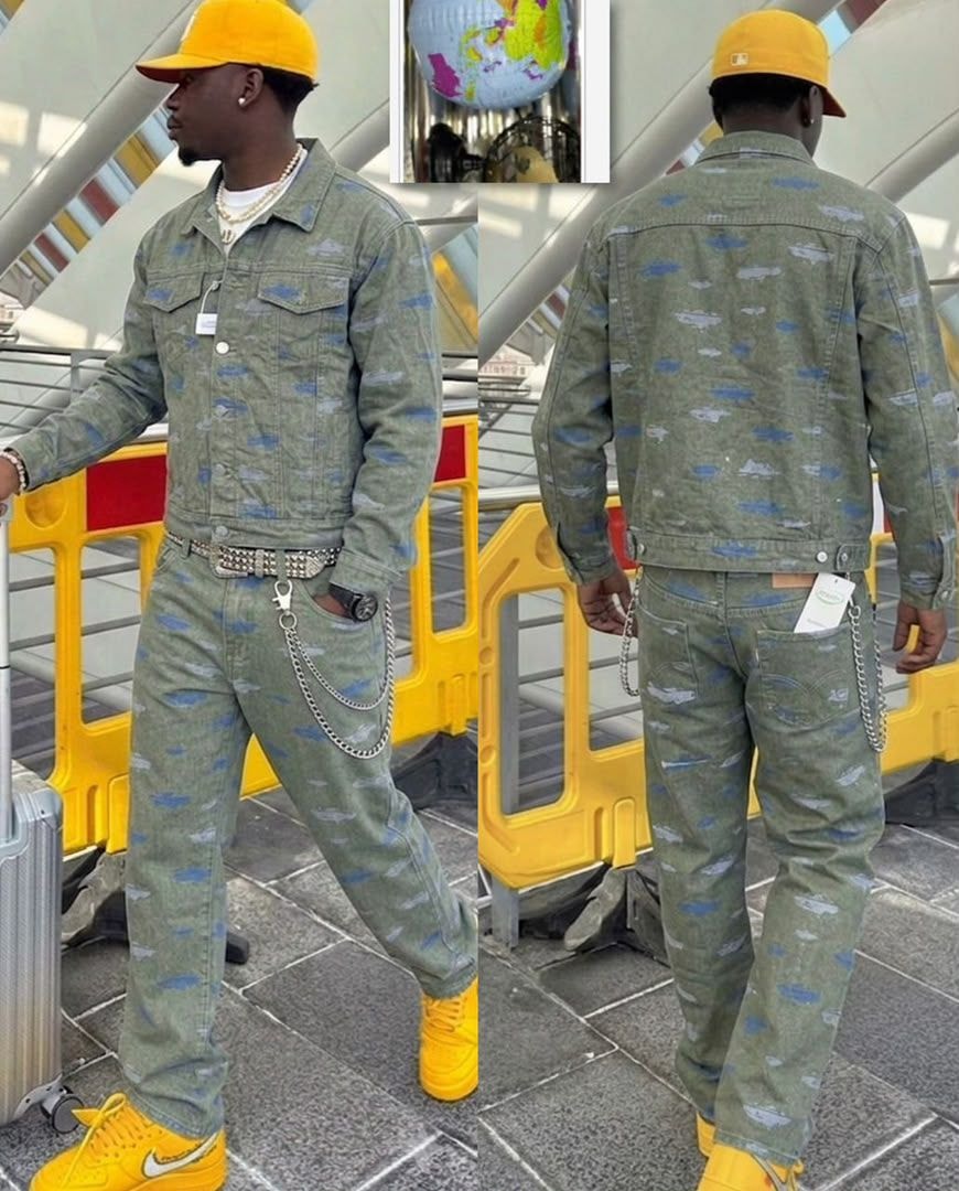 Man wearing olive green patterned denim jacket and pants set, front and back views with yellow cap and sneakers.