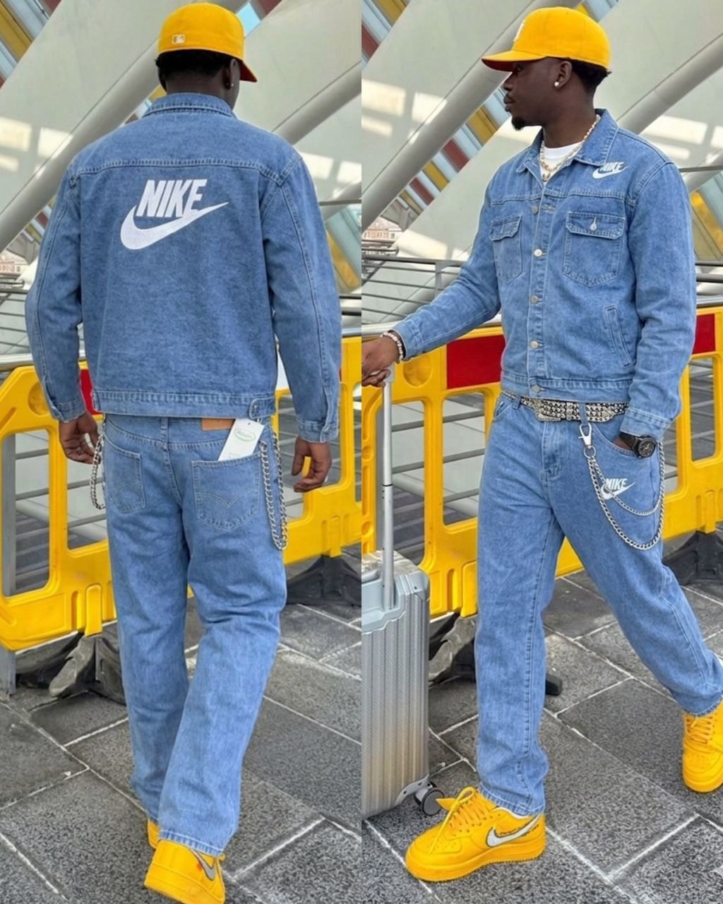 Man in blue Nike denim jacket and matching jeans with chains, shown in front, side and back views with yellow accessories.