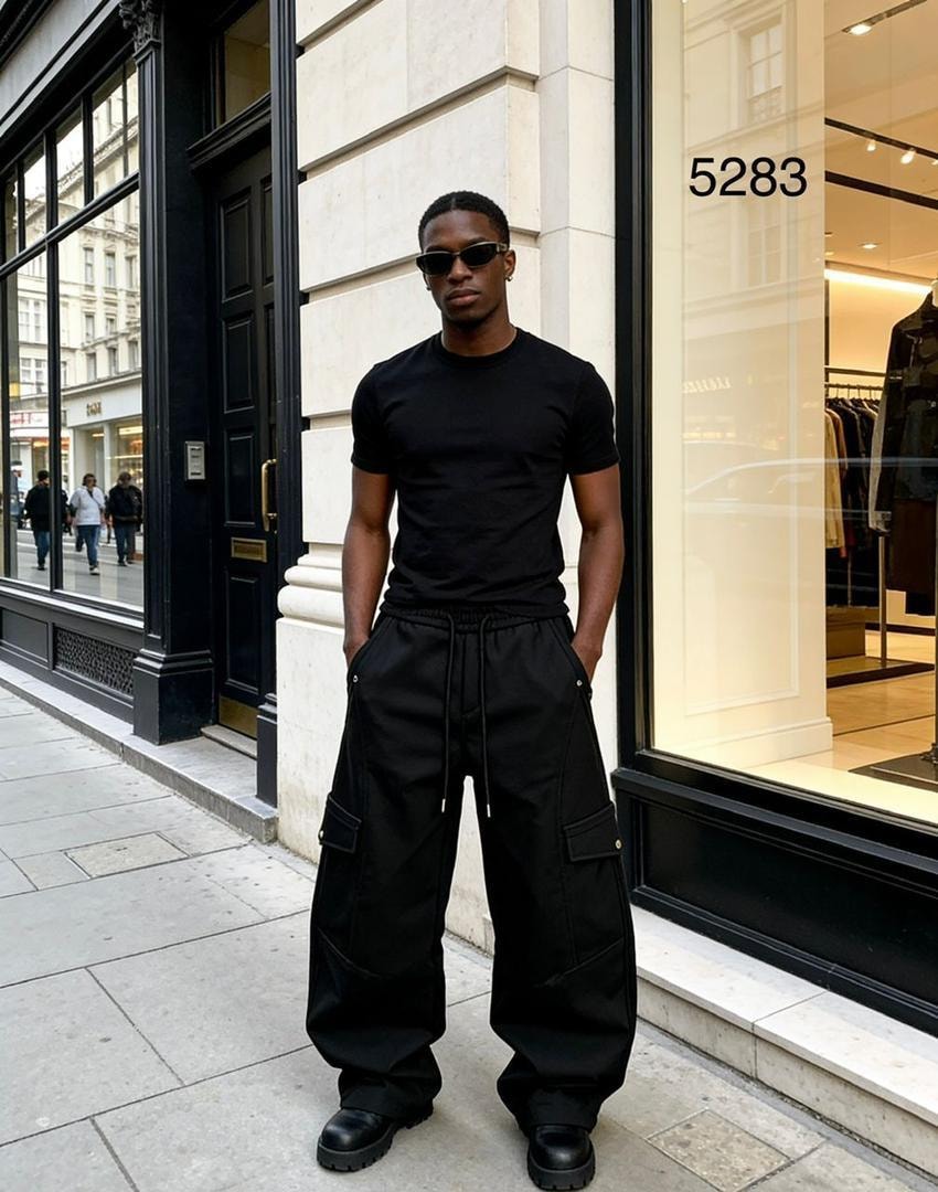 Man wearing black cargo jogger pants and t-shirt standing on city street.