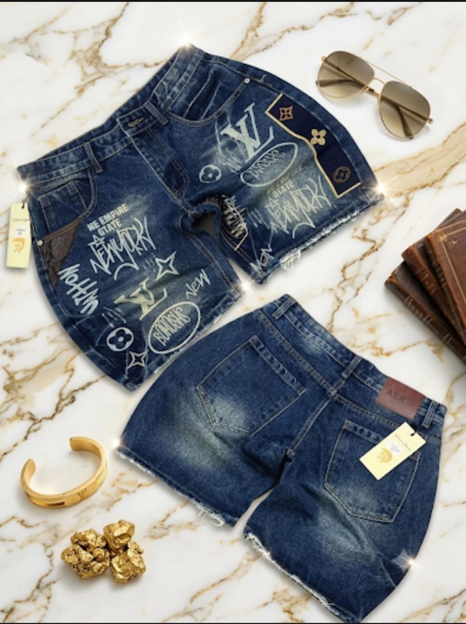 Front and back views of blue printed denim shorts with extensive graphics and luxury brand motifs.