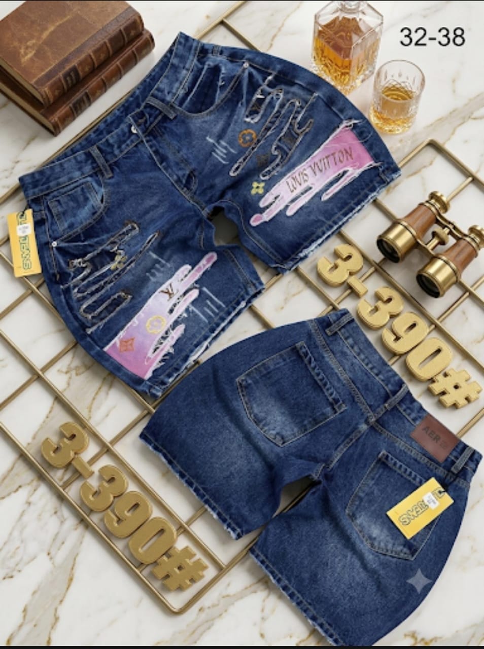 Front and back views of blue patched and printed denim shorts with gold number overlays.