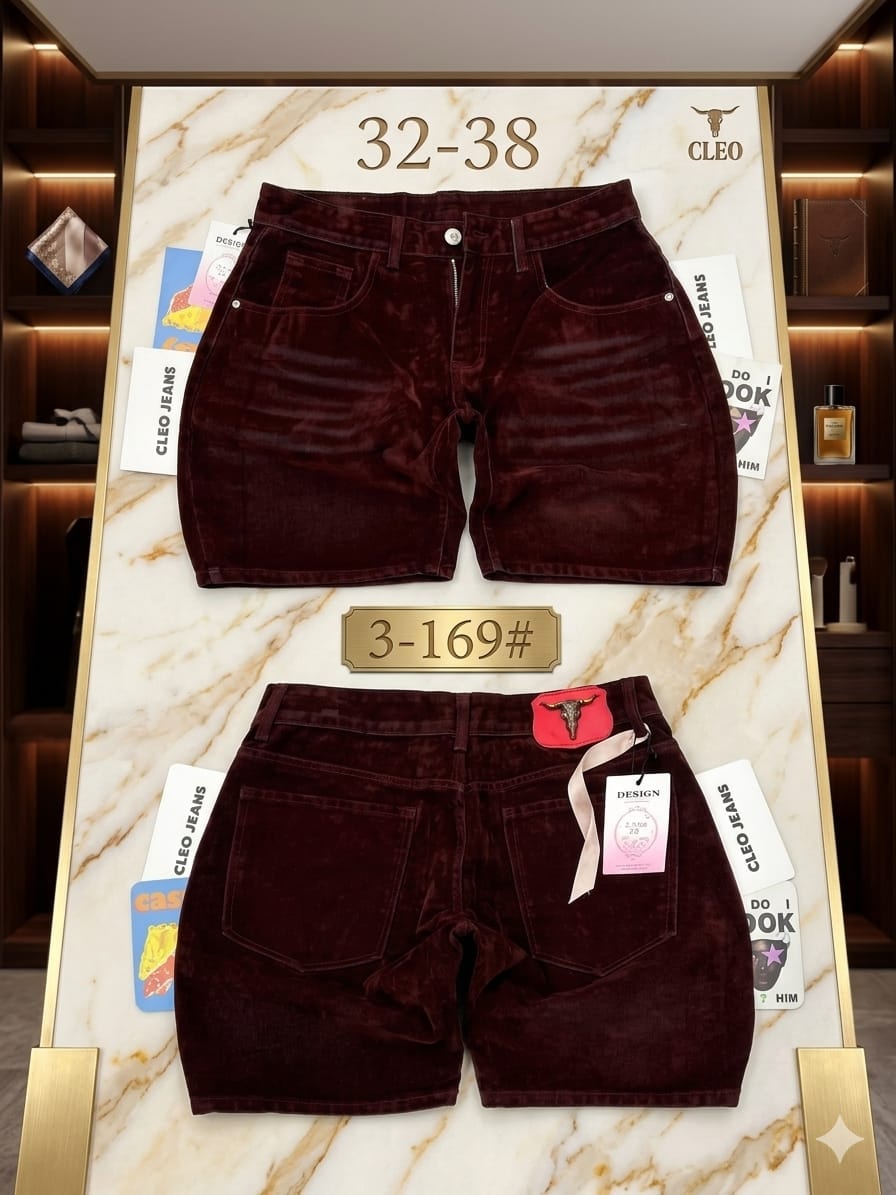 Front and back views of burgundy corduroy shorts displayed on marble background with branding.