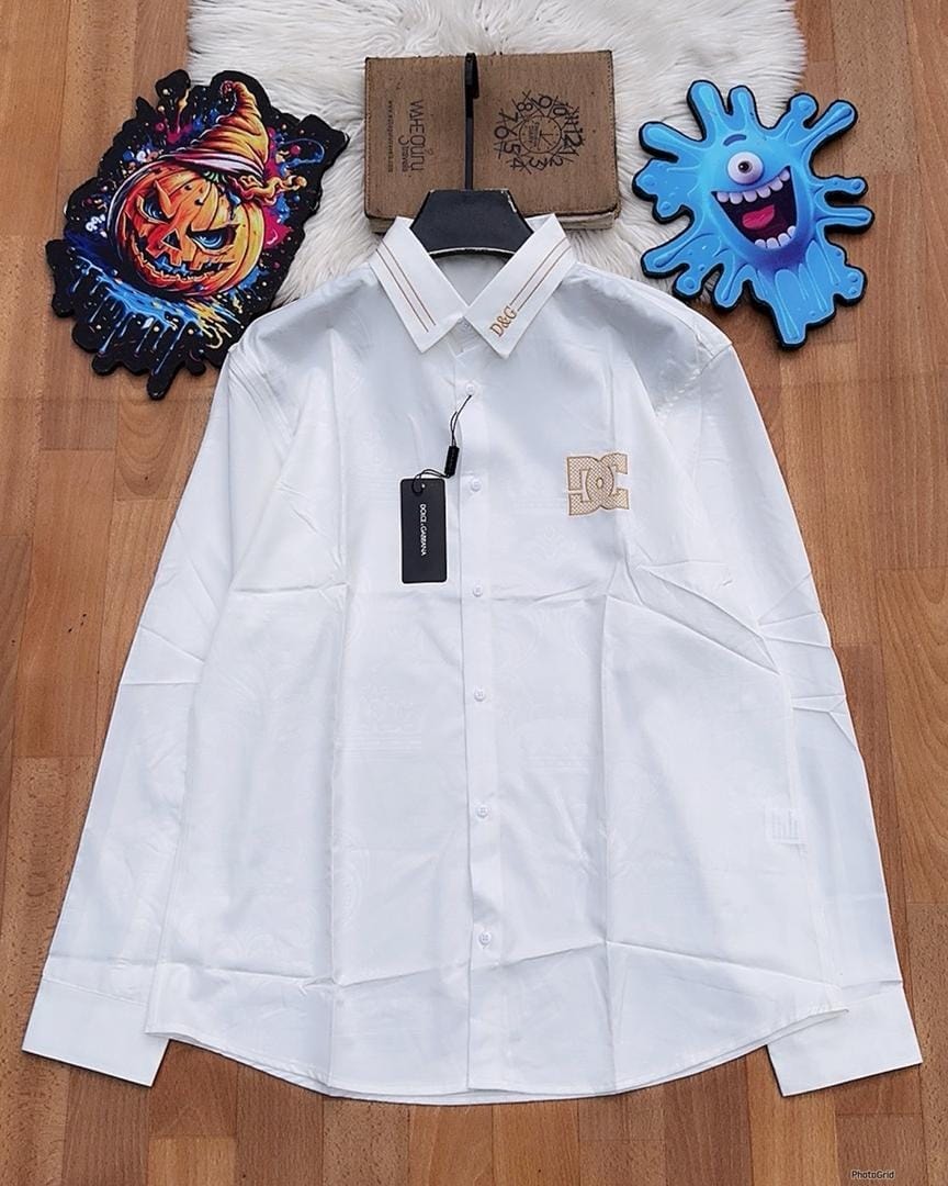 White long sleeve D&G patterned corporate shirt with logo.