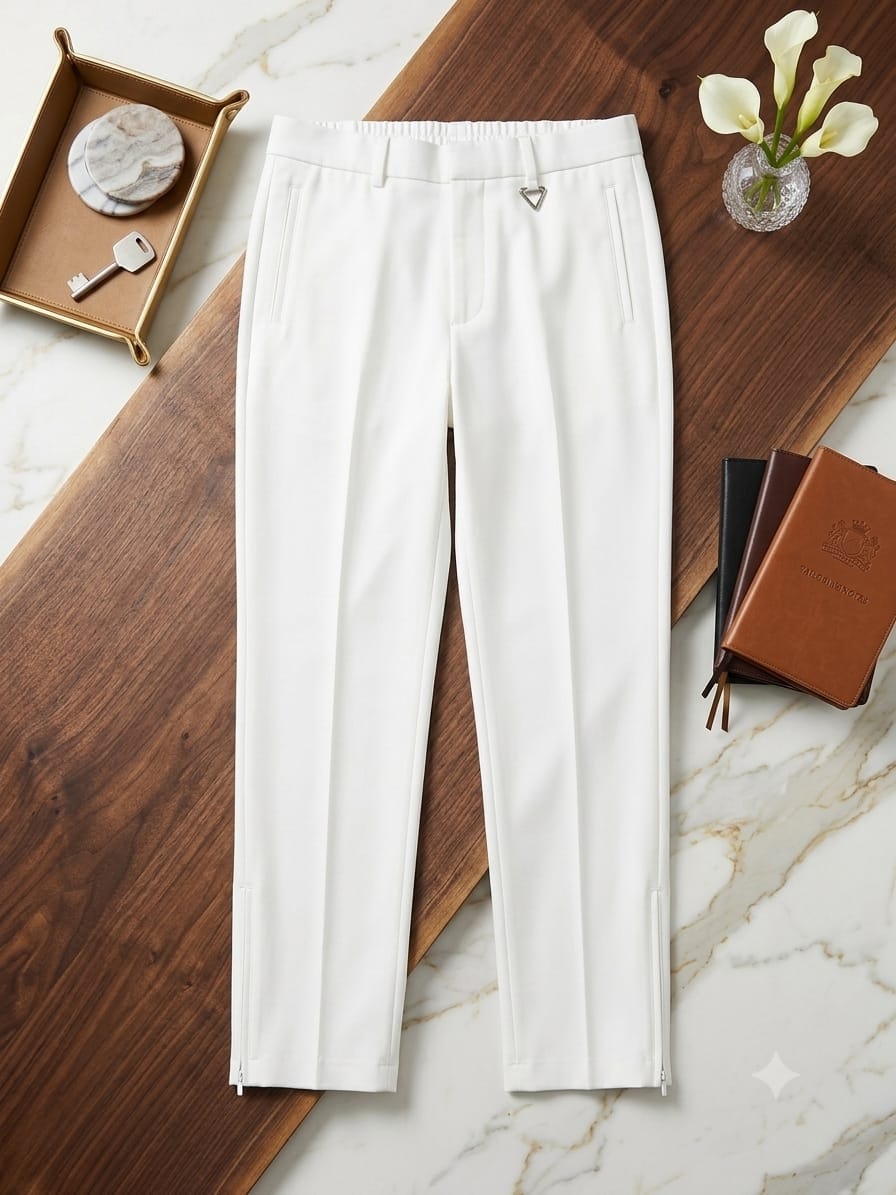 White corporate pleated trousers on wooden board with decor.