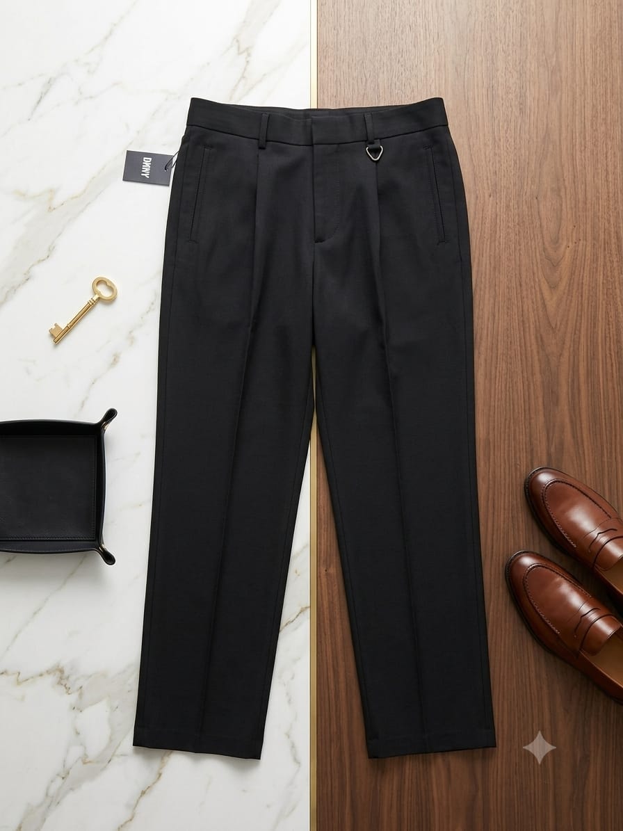 Black corporate pleated trousers on split background with loafers.