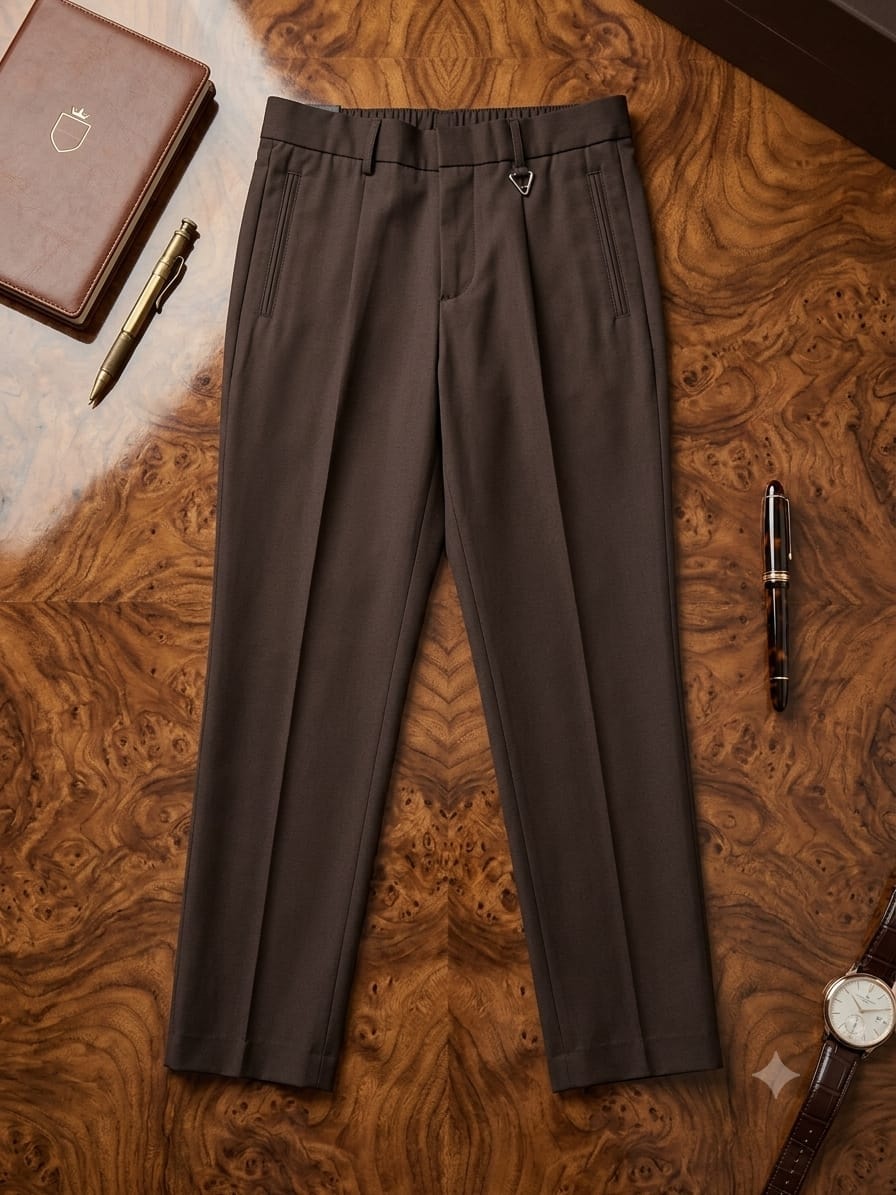 Brown corporate pleated trousers on wooden surface with accessories.