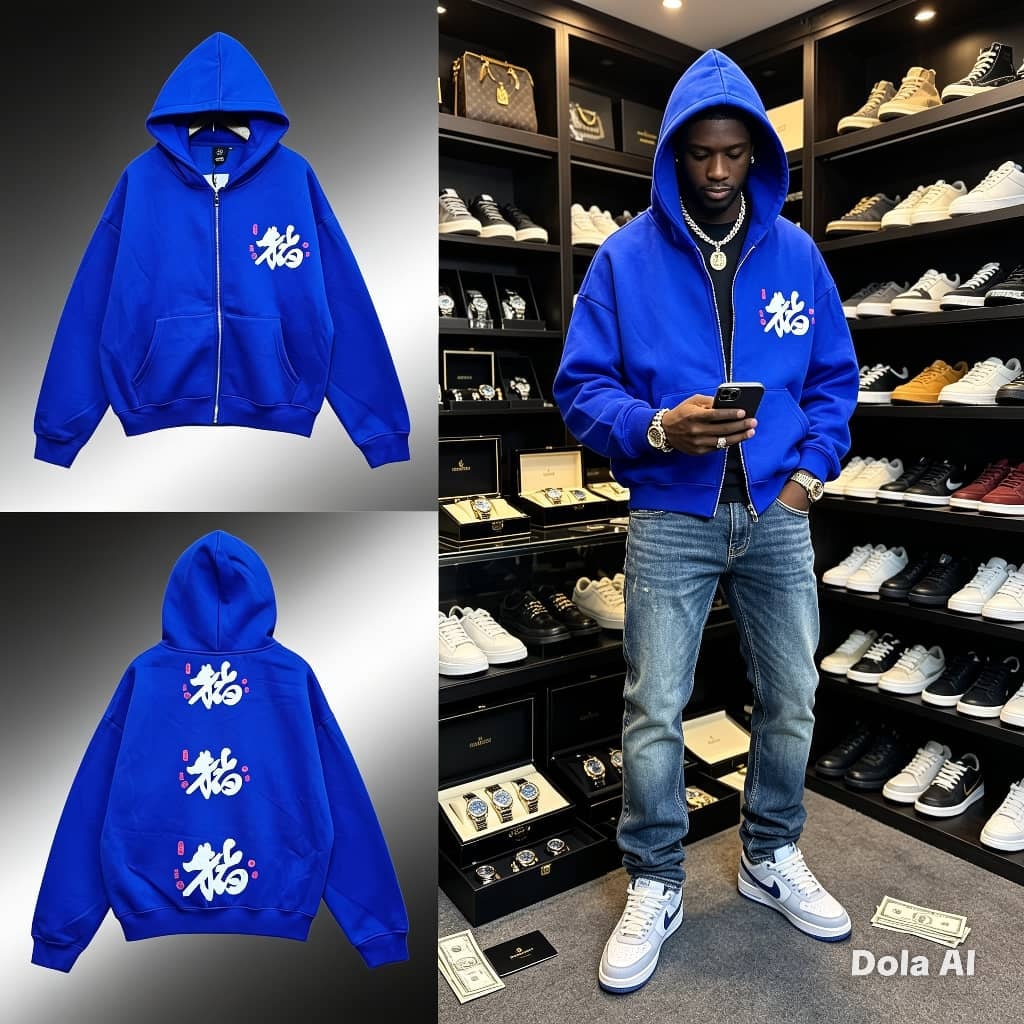 Blue zip-up hoodie with cat kanji print on front and back.