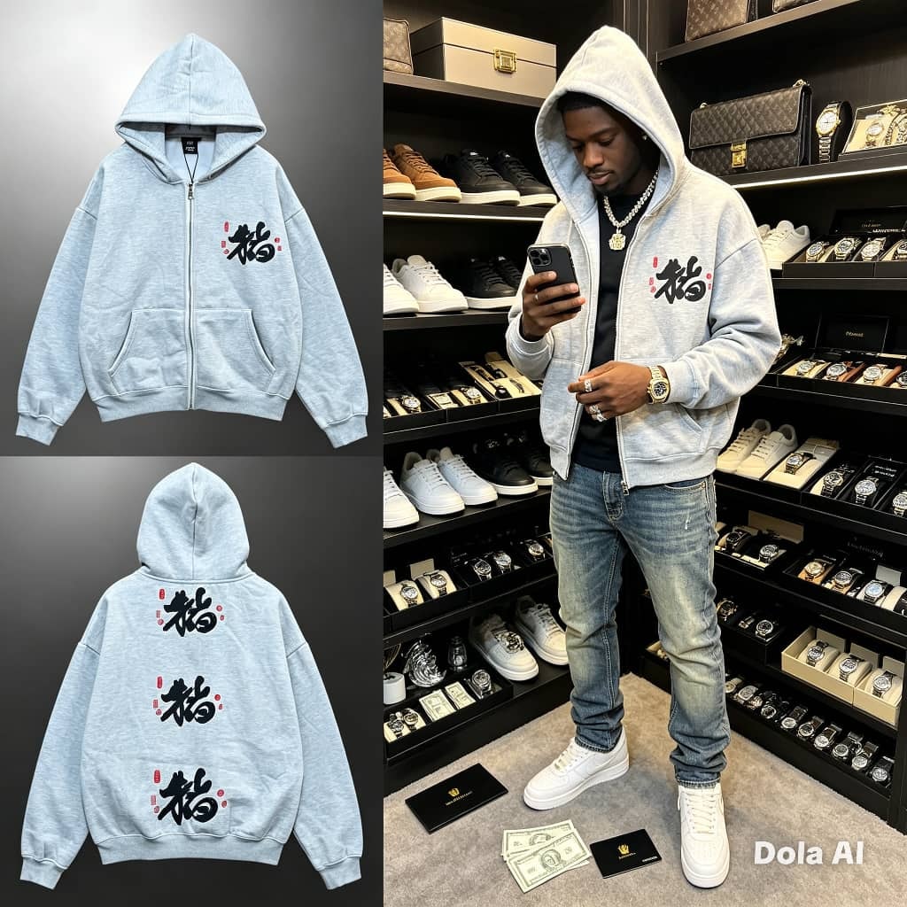 Light blue zip-up hoodie with cat kanji print on front and back.