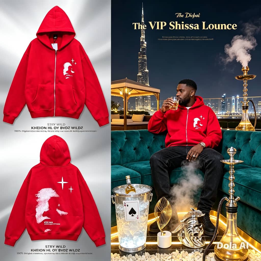 Red zip-up hoodie with abstract face graphic on front and back.