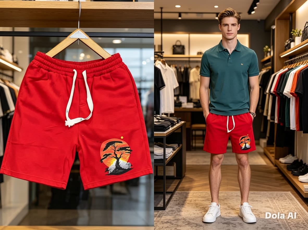 Red fleece shorts with embroidered tree design shown in product and lifestyle views.