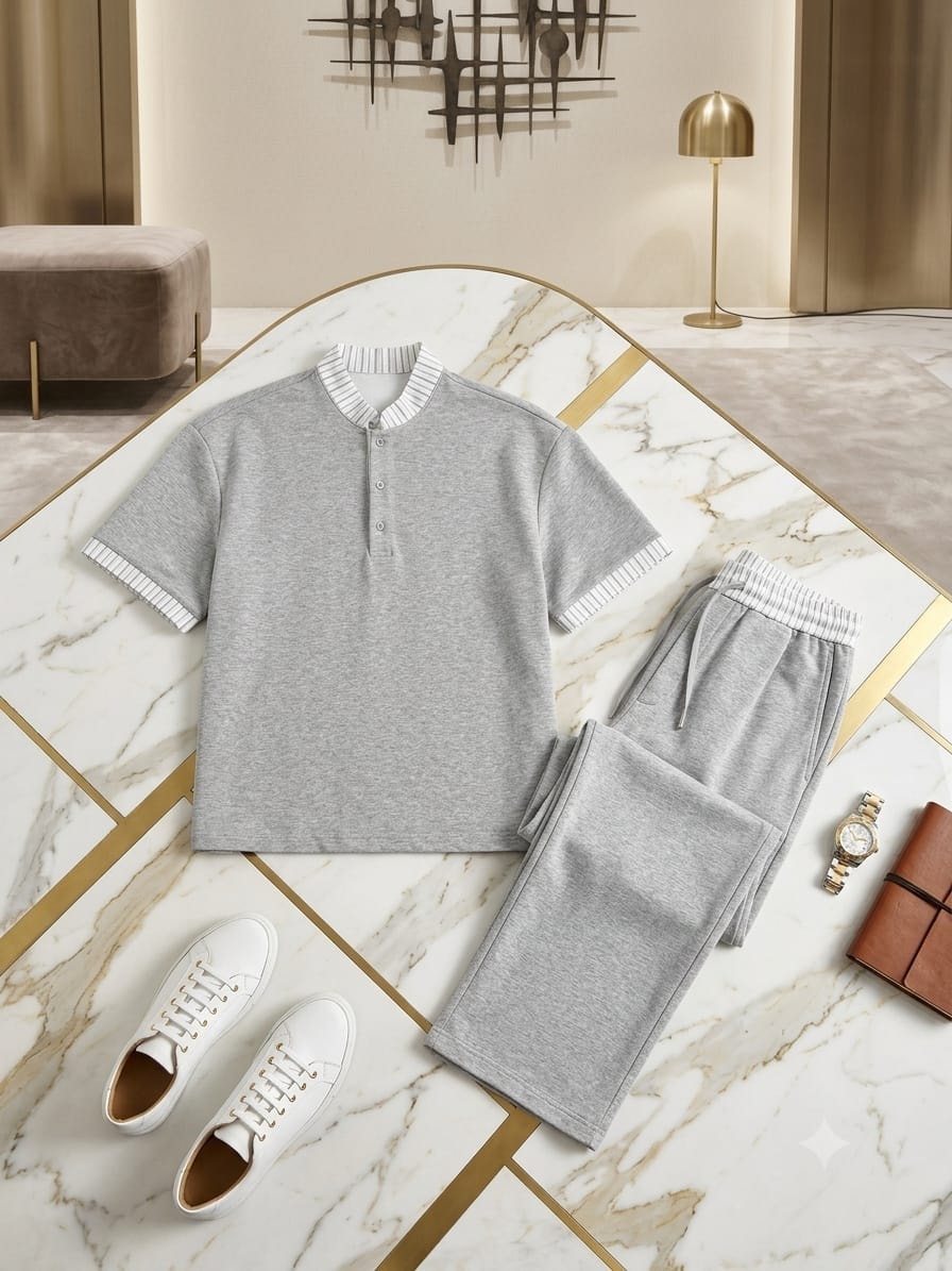 Gray unisex two-piece set with white striped rib trim on collar, cuffs and waistband, styled on marble surface with white sneakers.