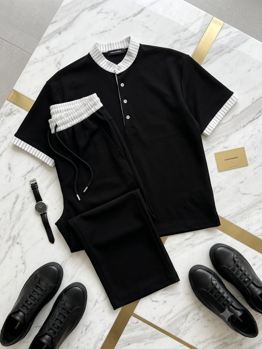 Black unisex two-piece set with white striped rib trim on collar, cuffs and waistband, styled on marble surface with black shoes and watch.