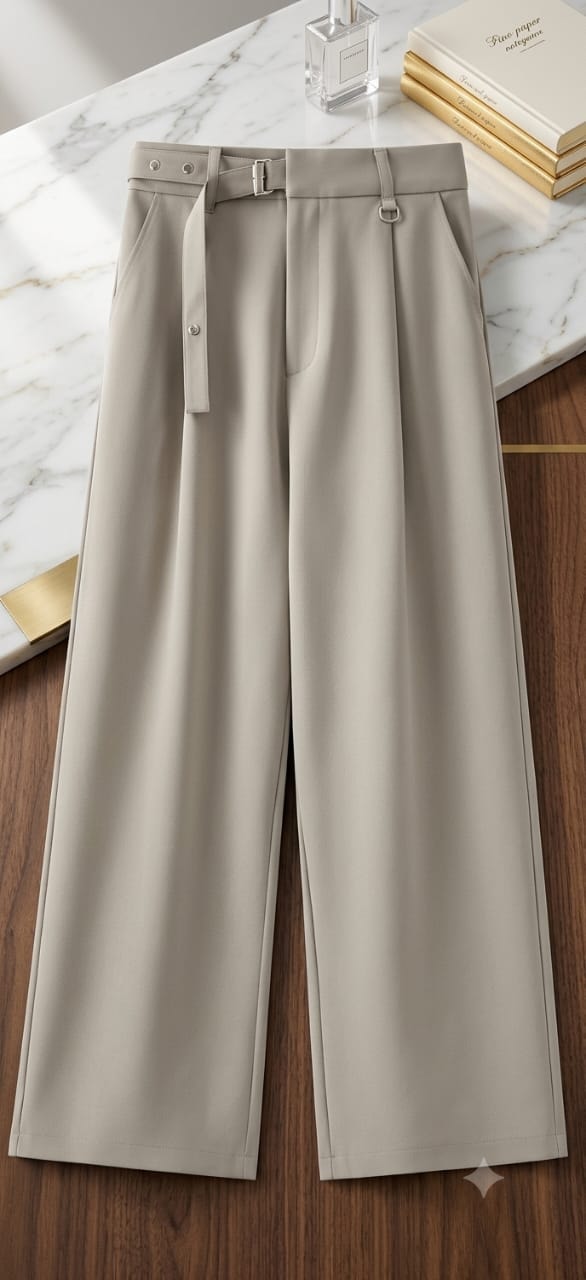Beige wide leg flare trousers displayed on marble and wood with decor items.