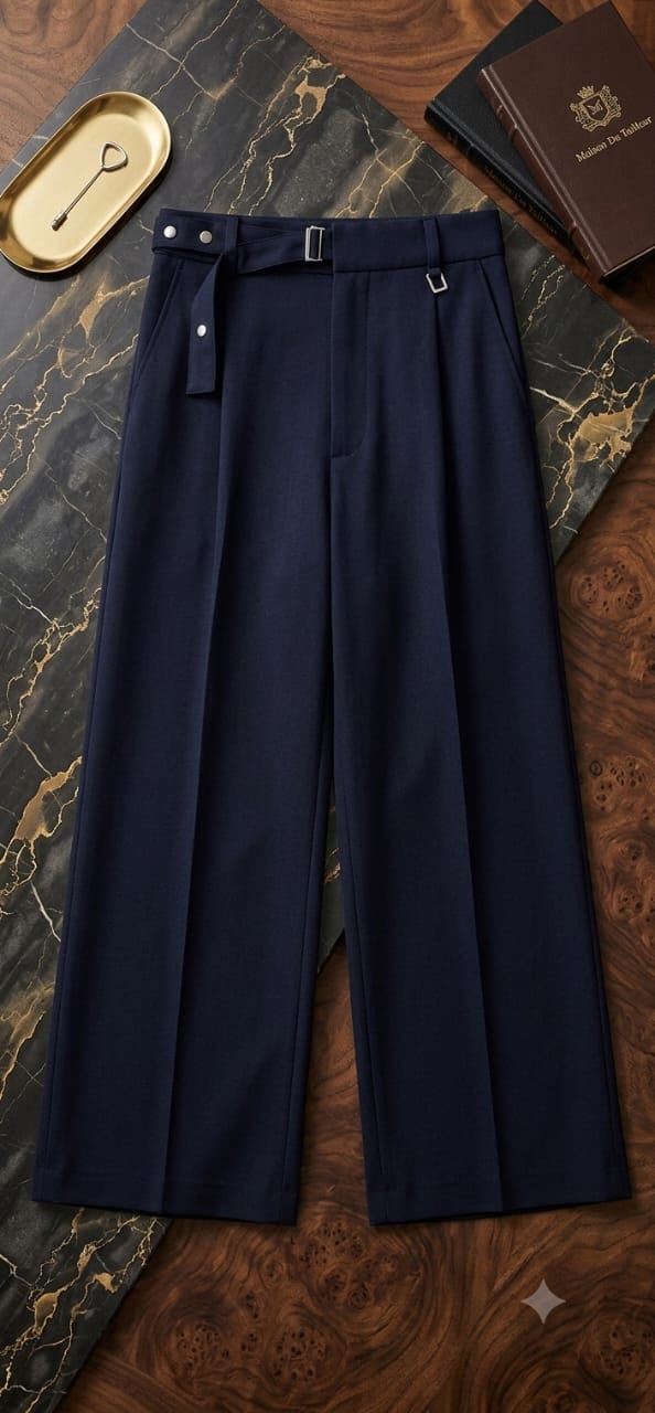 Navy blue pleated flare trousers laid on dark marble and wood surface.