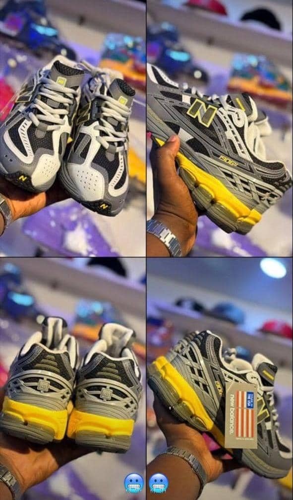 Gray yellow New Balance sneakers shown in four different angles being held.