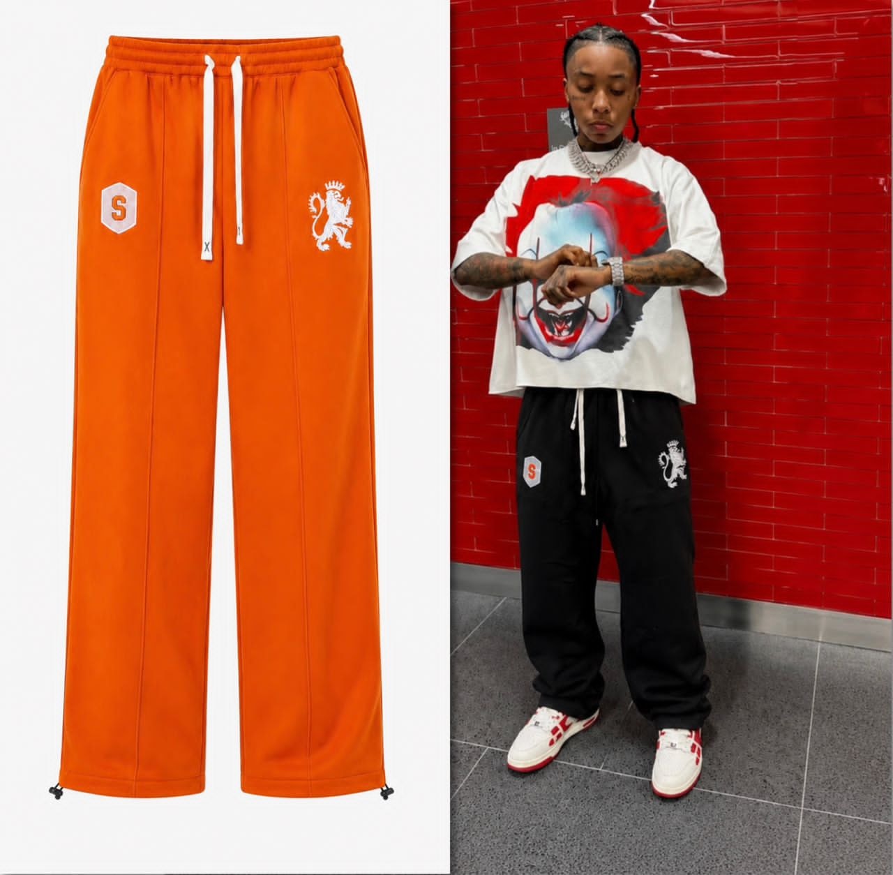 Flat lay of orange lion crest joggers beside model wearing black version.
