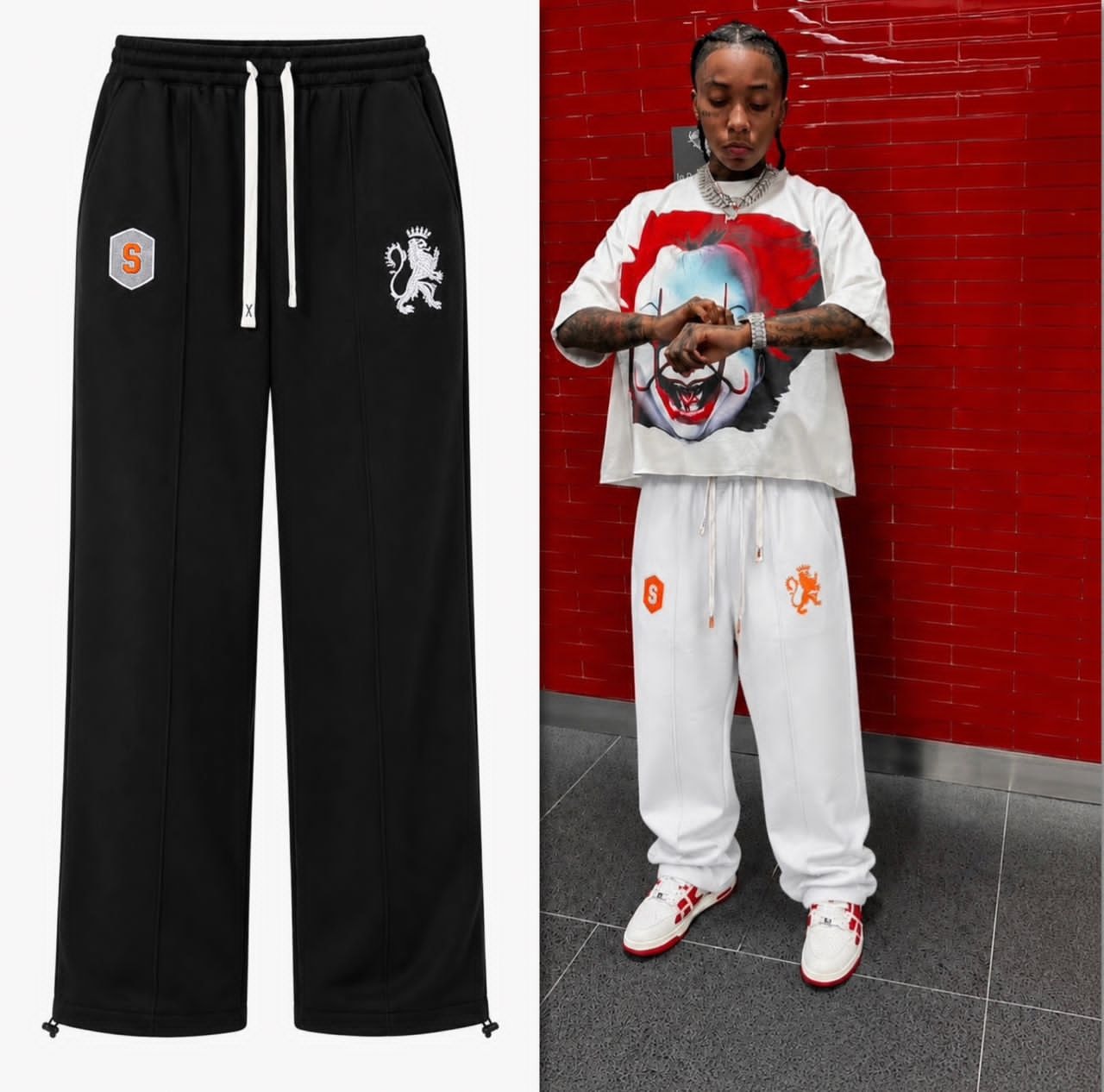 Flat lay of black lion crest joggers beside model wearing white version.