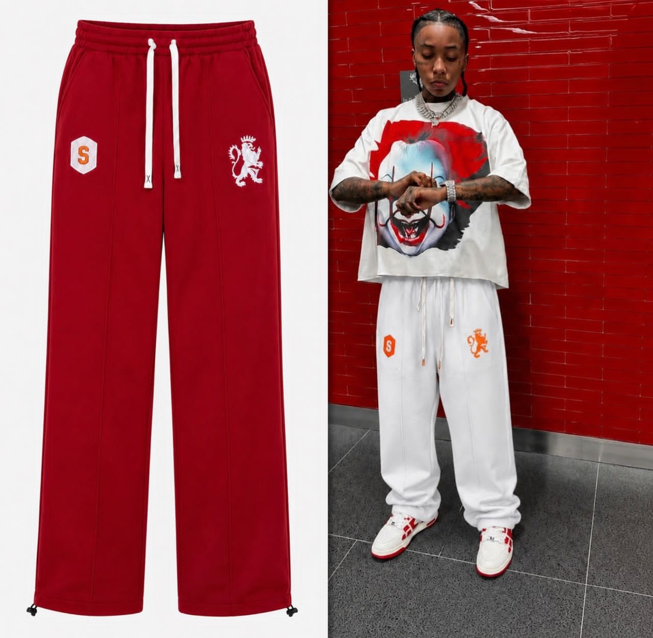 Flat lay of red lion crest joggers beside model wearing white version.