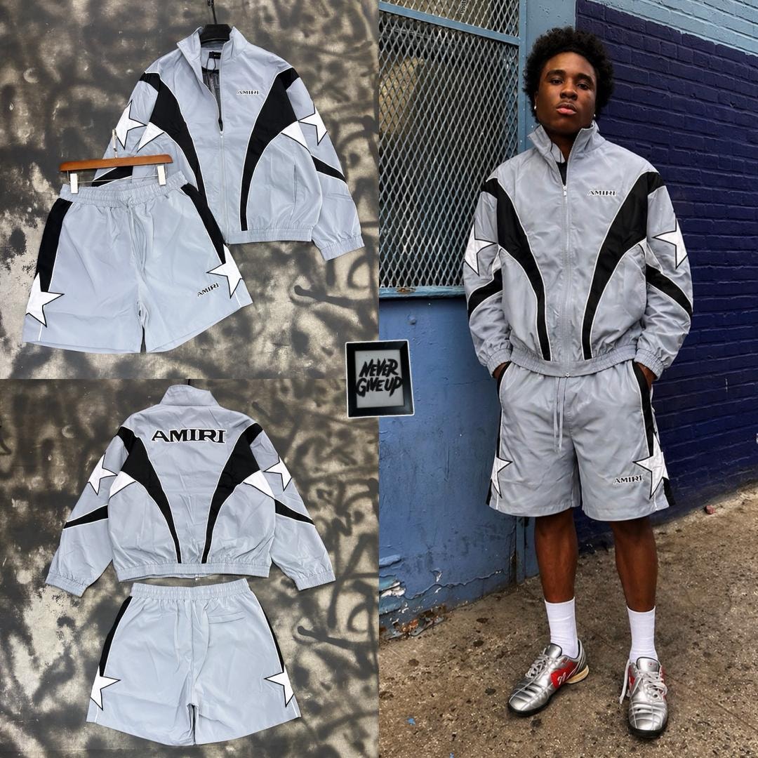 AMIRI light gray and black star graphic two-piece set on model and in flat lay views.