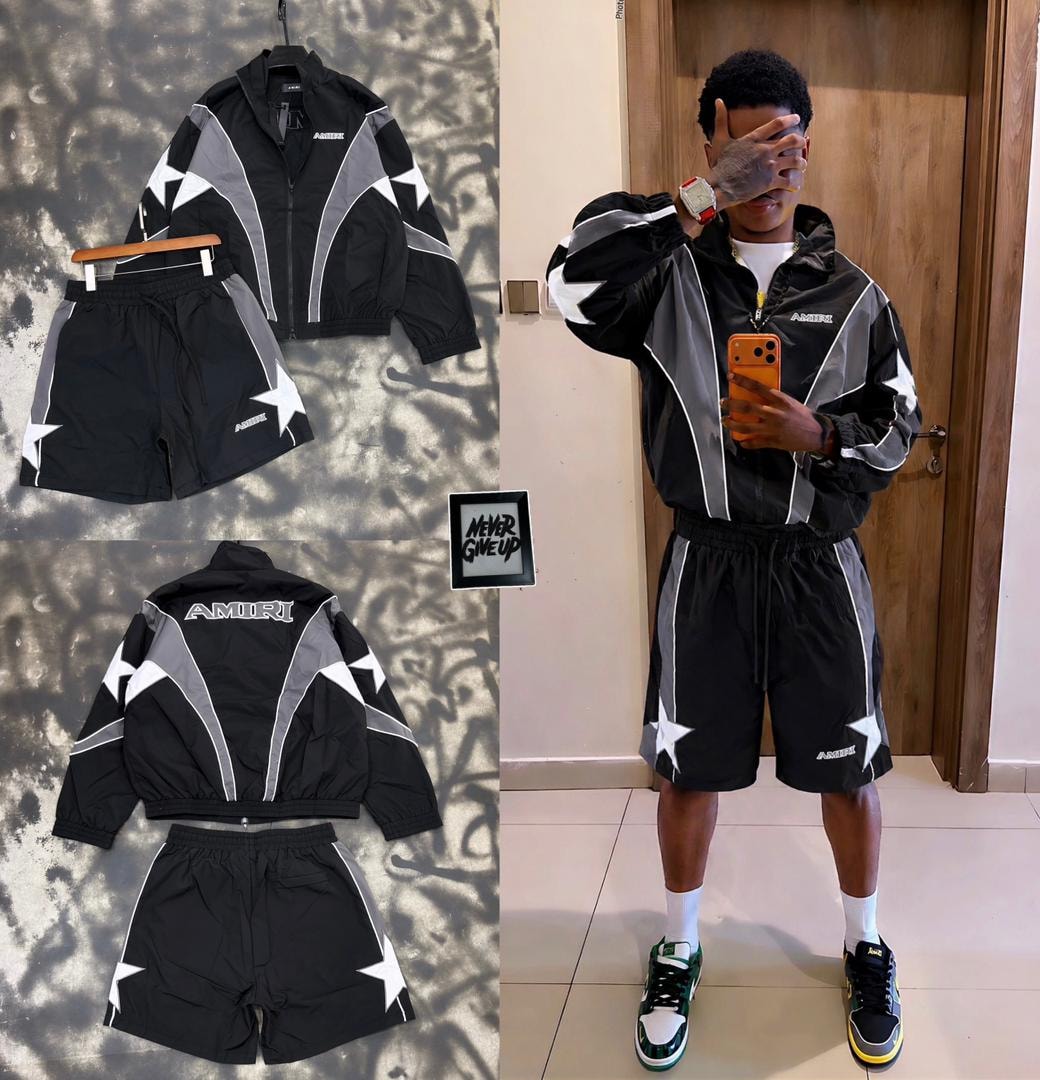 AMIRI black and gray star print jacket and shorts set in multiple studio and model shots.