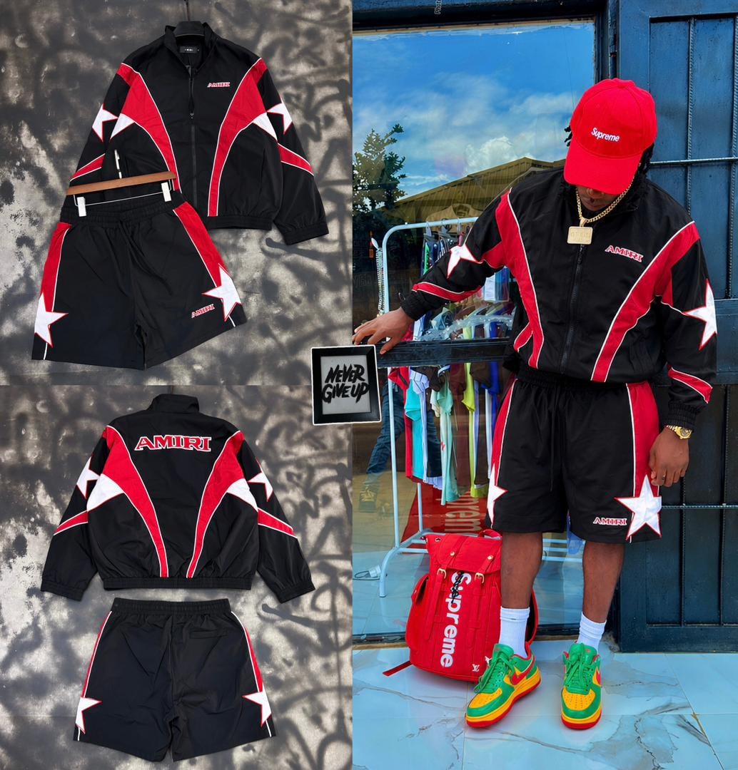AMIRI black and red star print two-piece set with flat lays and model lifestyle views.