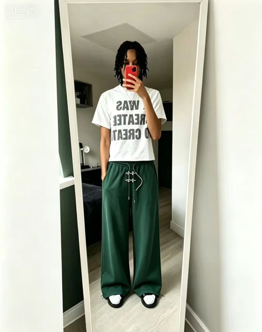 Model wearing green wide-leg jogger trousers with drawstring detail in mirror selfie.