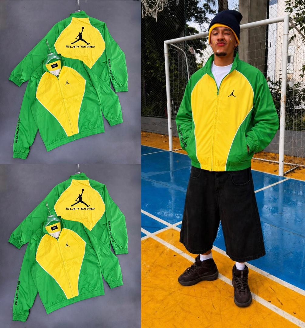Green and yellow Supreme Jordan jacket in flat lays and worn by model on basketball court.