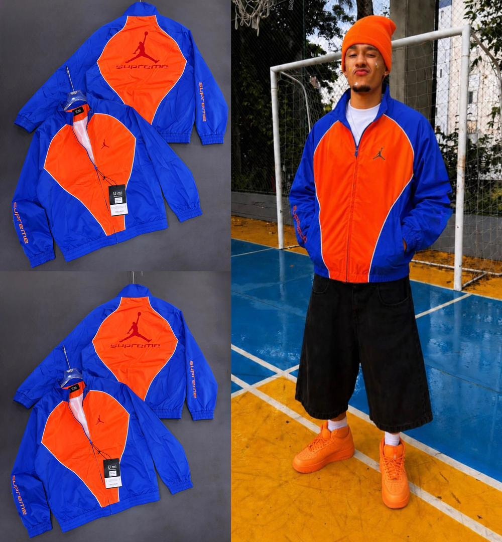 Blue and orange Supreme Jordan jacket in flat lays and worn by model on basketball court.