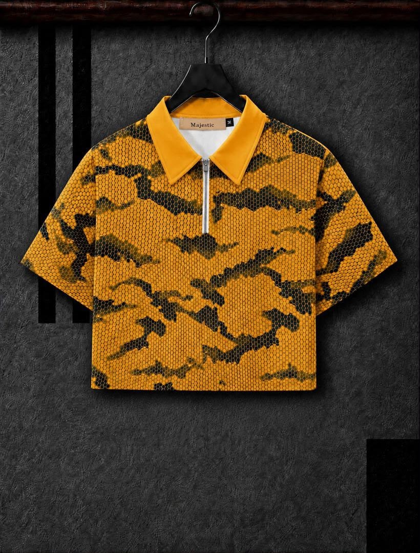 Yellow camouflage Majestic mesh polo shirt on hanger, front flat lay.