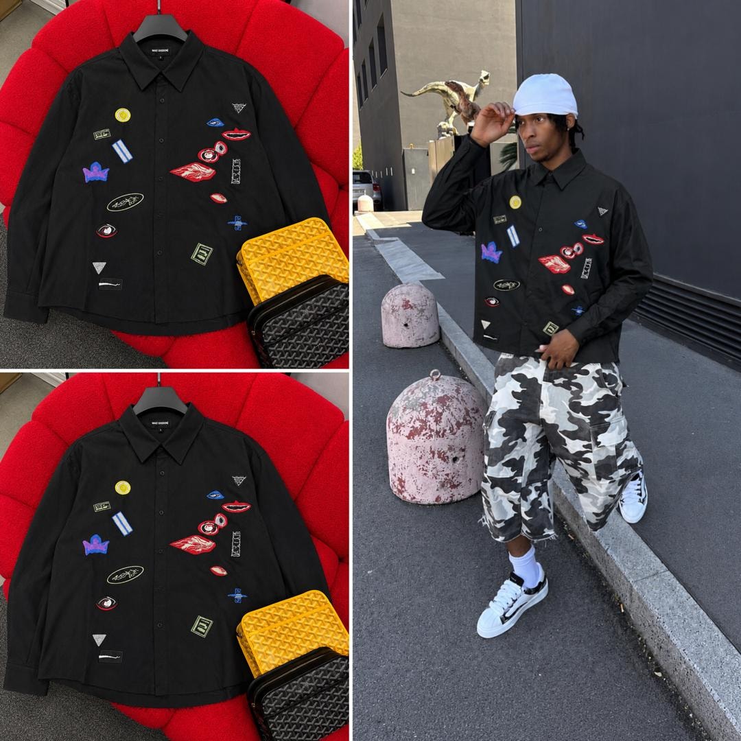 Black Marc Lewis patch shirt on red couch and modeled on street.