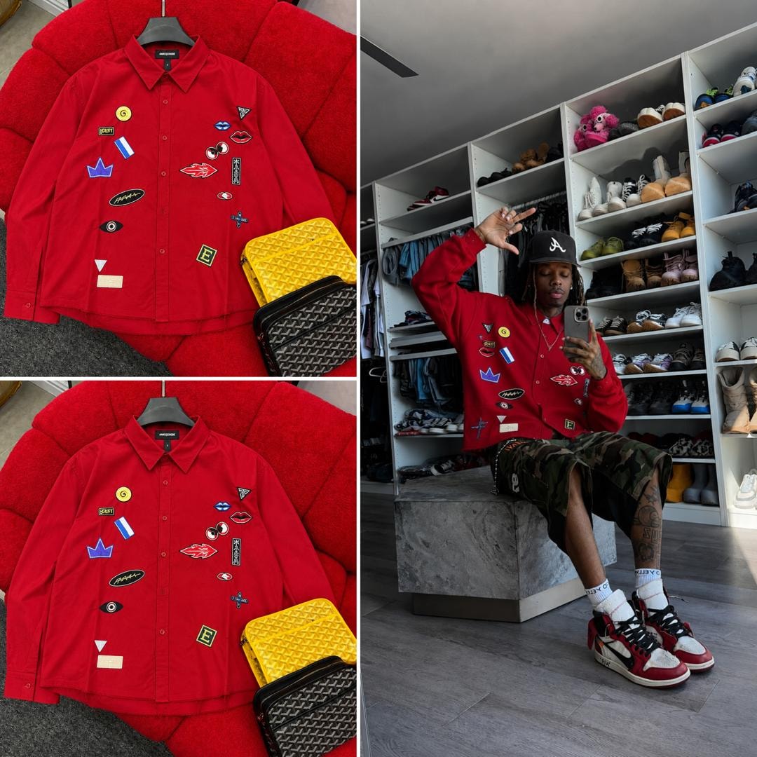 Red Marc Lewis patch shirt flat lay on red couch and modeled in closet.