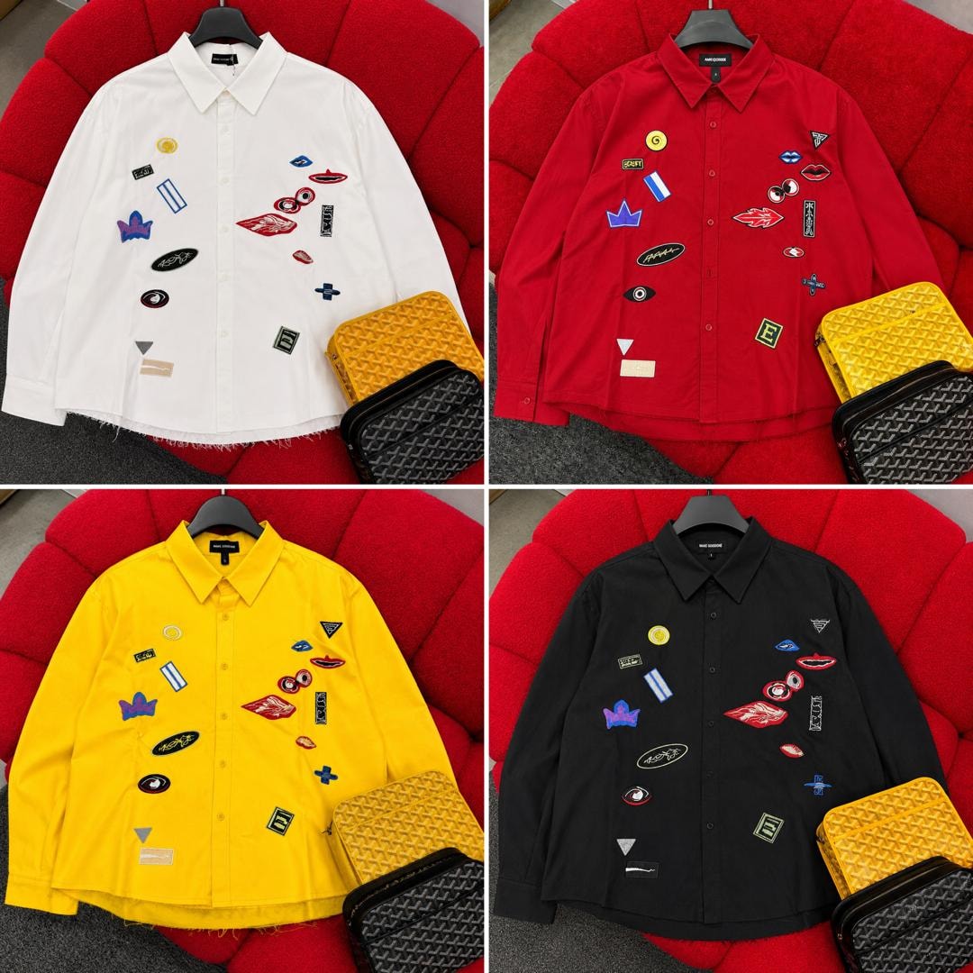 Four color variants of Marc Lewis patch shirt in white, red, yellow and black.