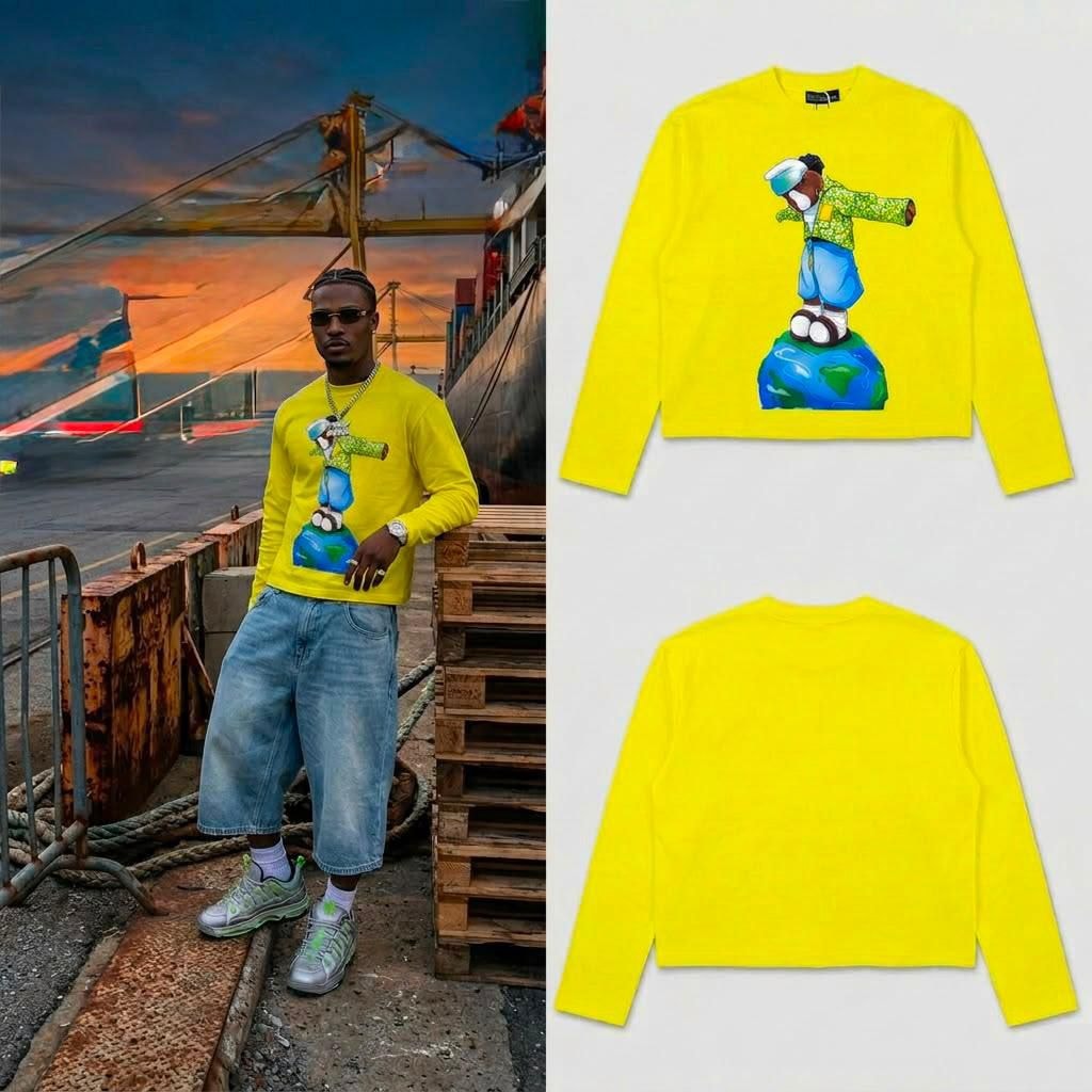 Man in yellow cropped long sleeve dabbing globe graphic top with front and back flats.