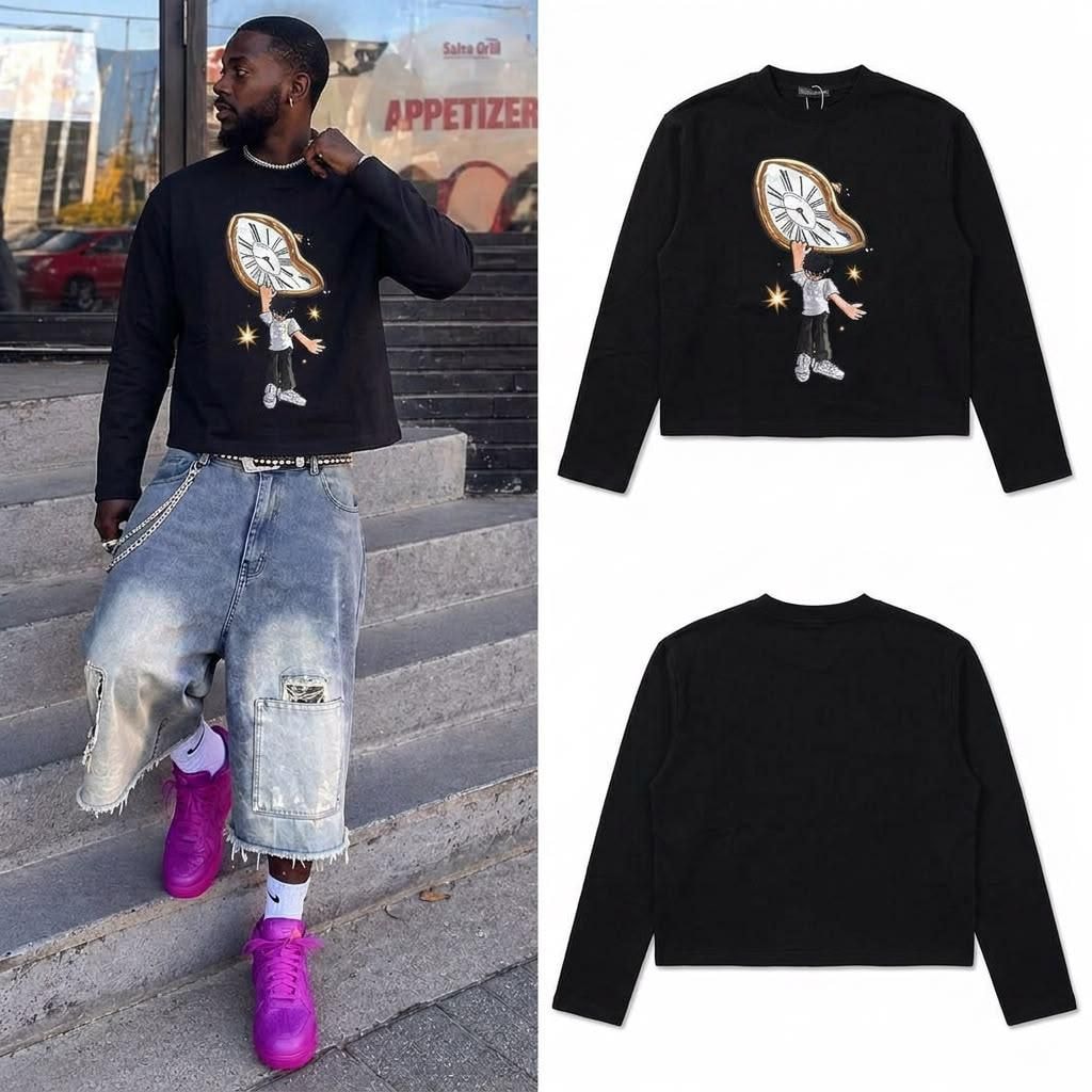 Man in black cropped long sleeve melting clock graphic top with front and back flat lays.