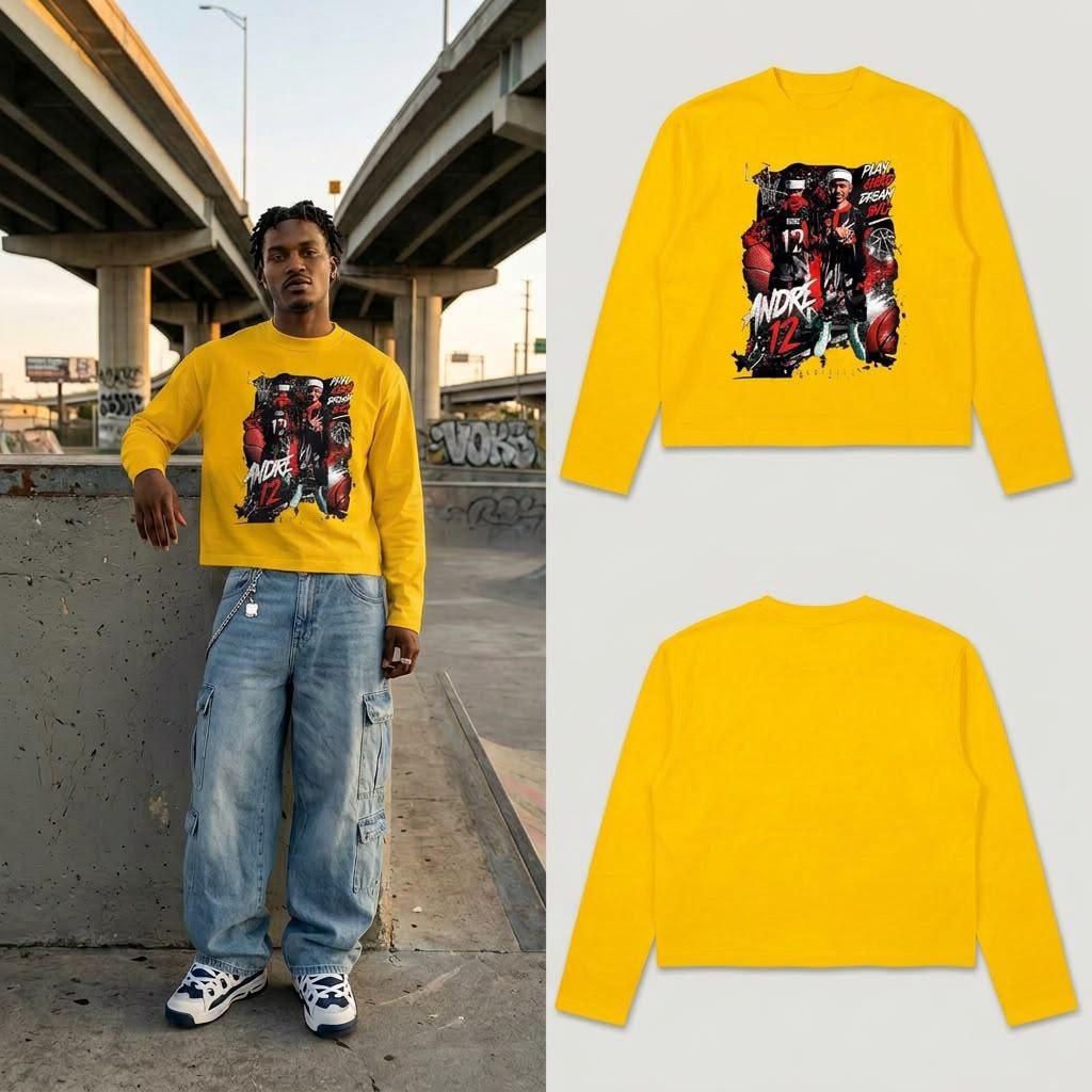 Man modeling yellow cropped long sleeve basketball graphic top with front and back views.