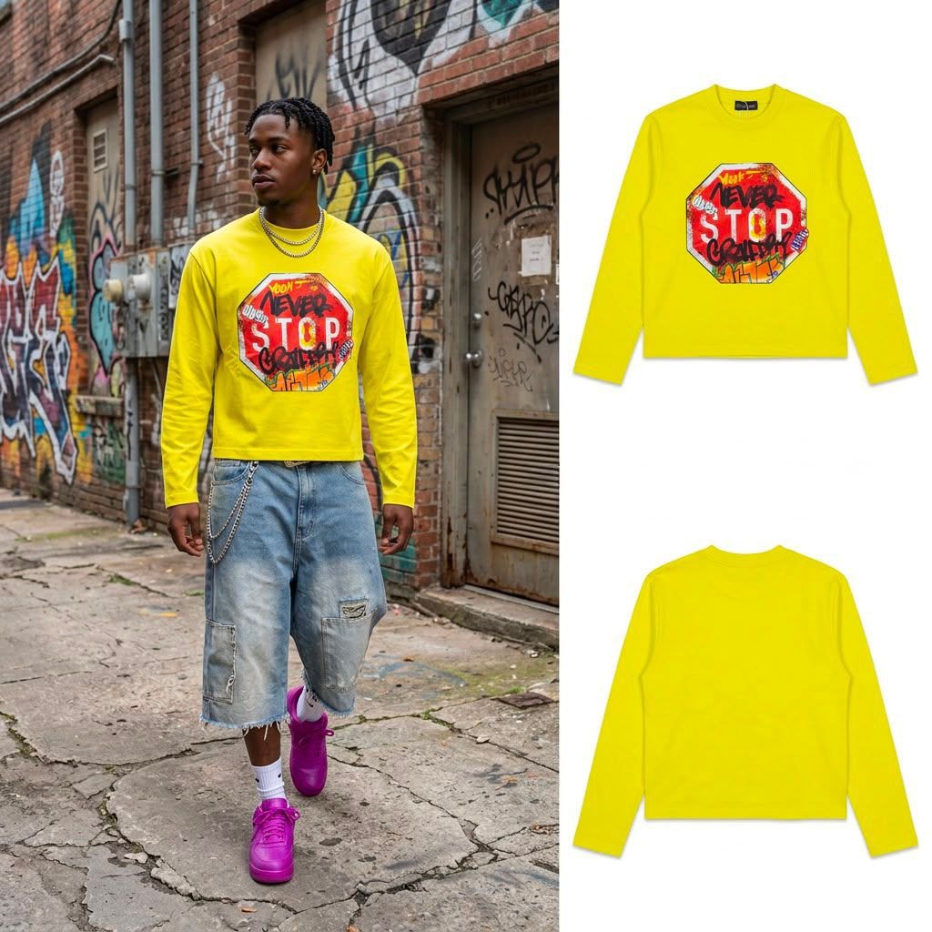 Man modeling yellow cropped long sleeve with stop sign graphic and flat front back views.