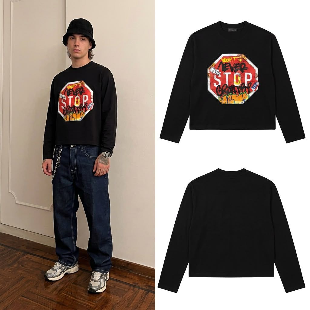 Man modeling black cropped long sleeve with stop sign graphic and flat front back views.