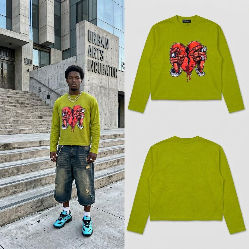 Man in lime cropped long sleeve graphic sweatshirt with front and back flat lays.