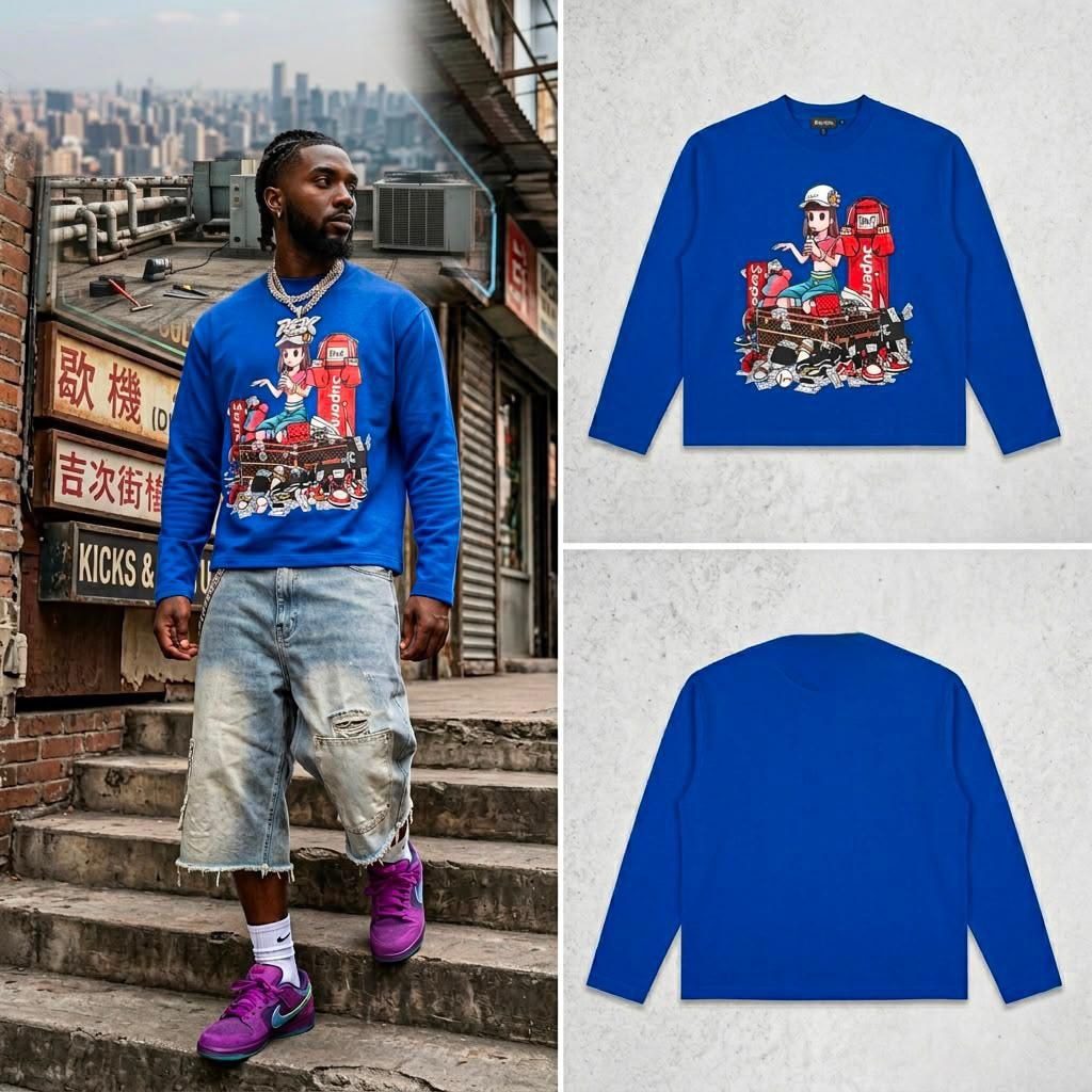 Blue long sleeve sweatshirt with cartoon girl on suitcase graphic on model and in flat lays.