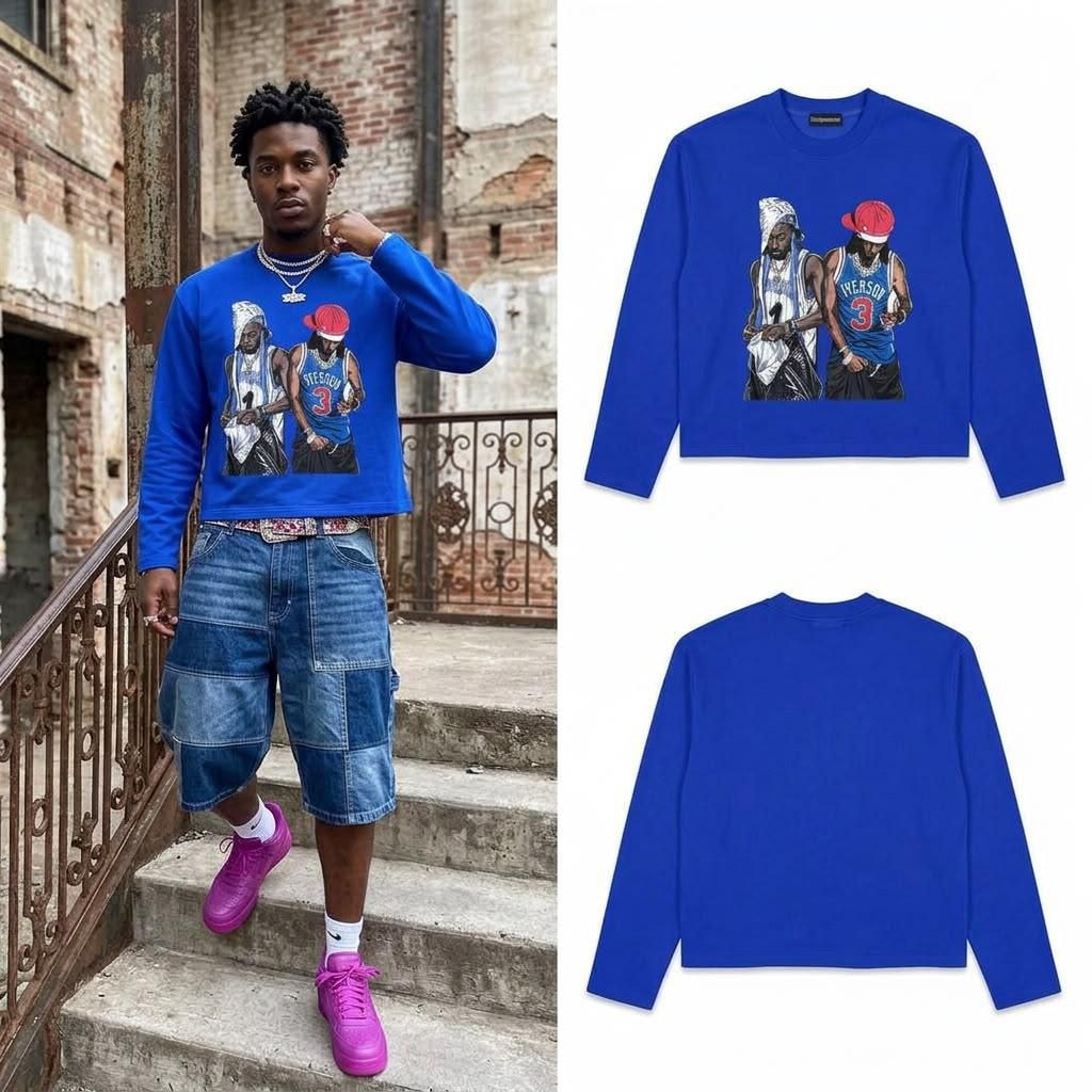 Blue long sleeve sweatshirt with basketball players graphic on model and in flat lays.