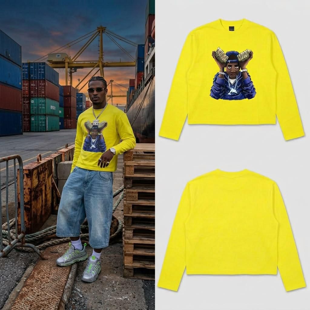Yellow long sleeve sweatshirt with money head cartoon graphic on model and in flat lays.