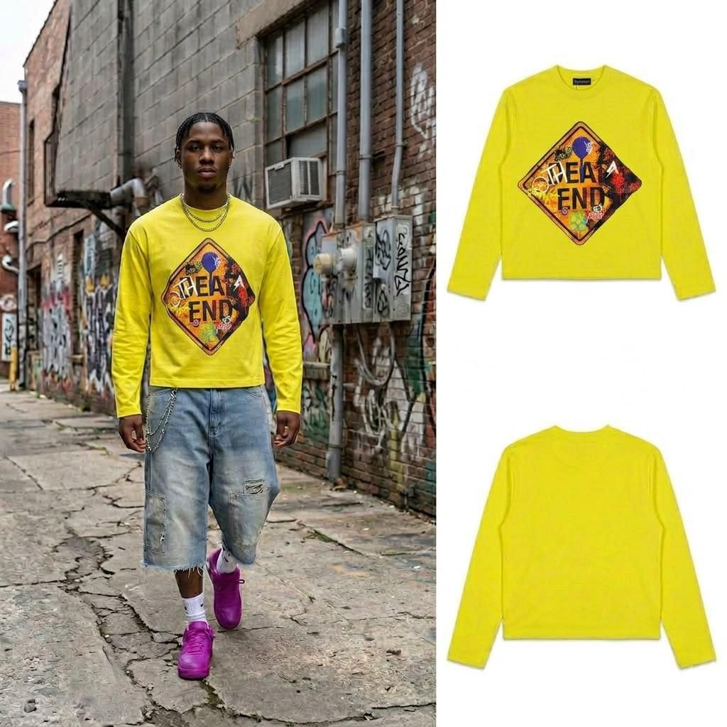 Yellow long sleeve sweatshirt with The End diamond graphic on model and in flat lays.