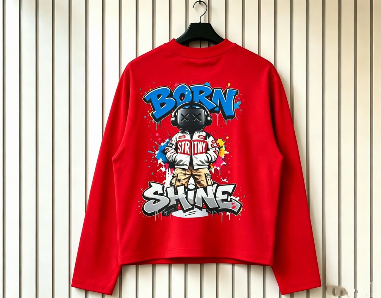 Red long sleeve sweatshirt with BORN SHINE cartoon character graphic on back.