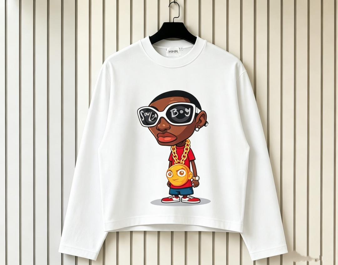 White long sleeve sweatshirt with Soulja Boy style cartoon character graphic.