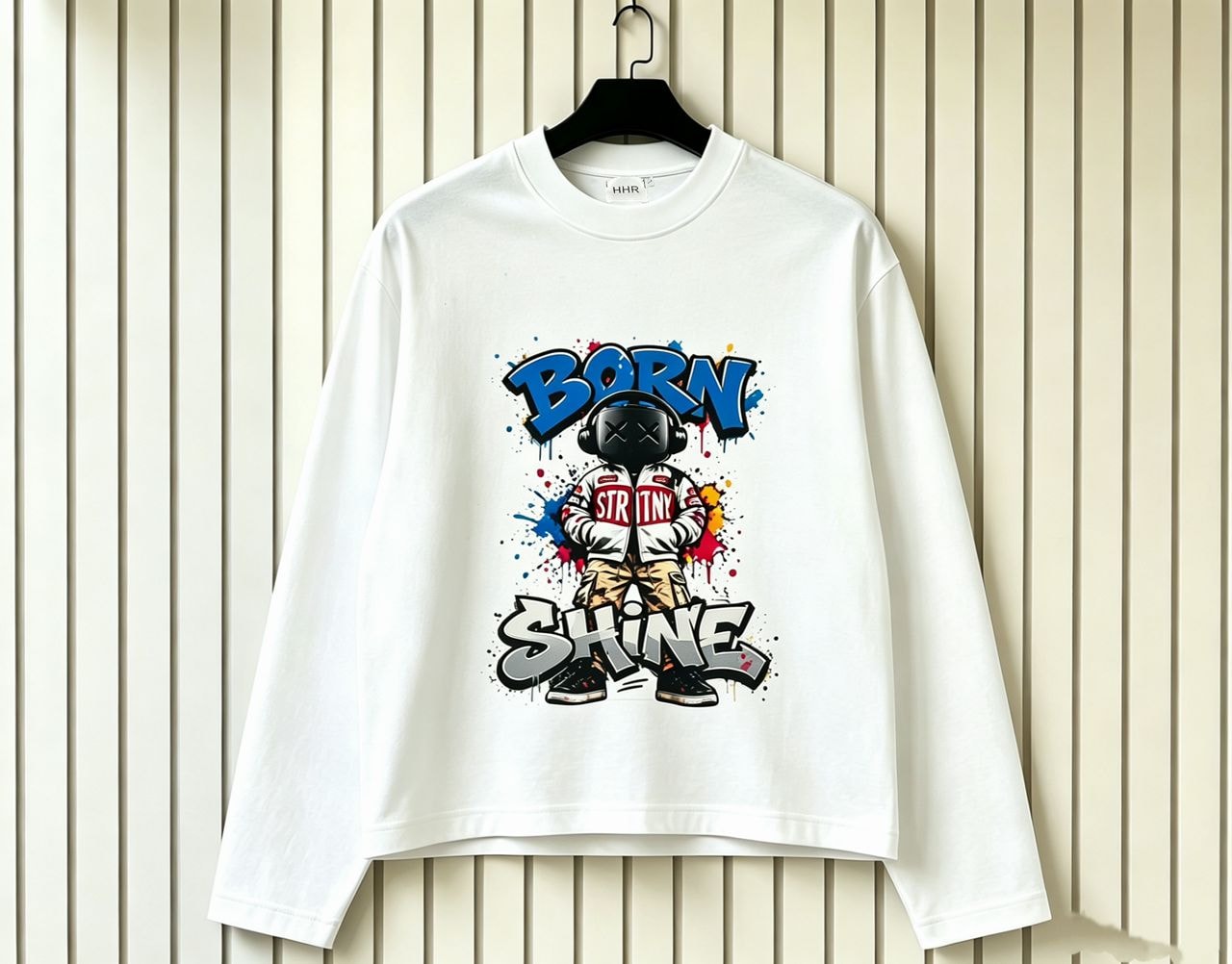 White long sleeve sweatshirt with BORN SHINE cartoon character graphic.