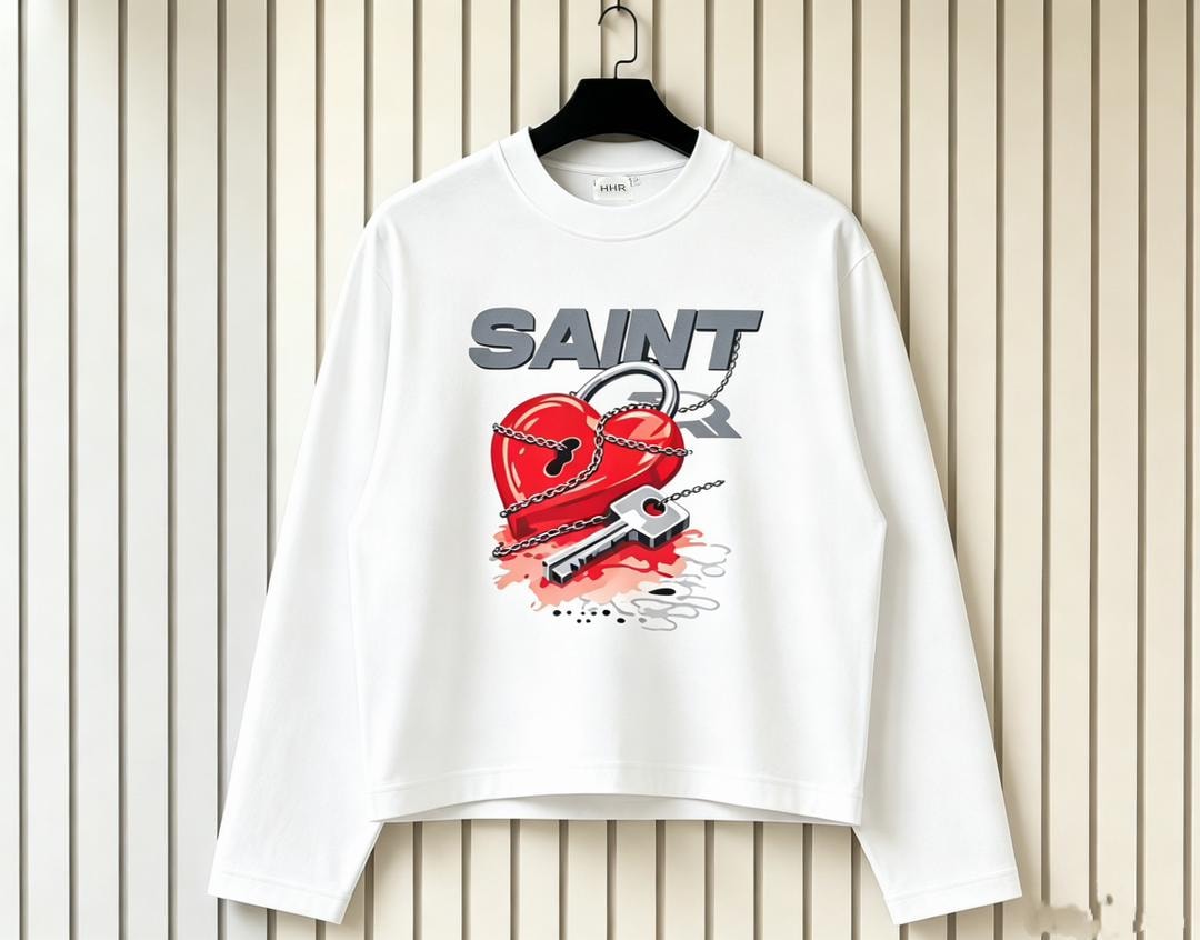 White long sleeve sweatshirt with SAINT text and red heart lock key graphic.