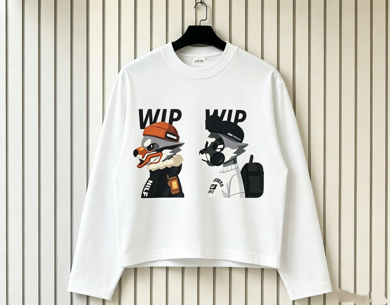 White long sleeve sweatshirt with two cartoon wolf characters and WIP text.