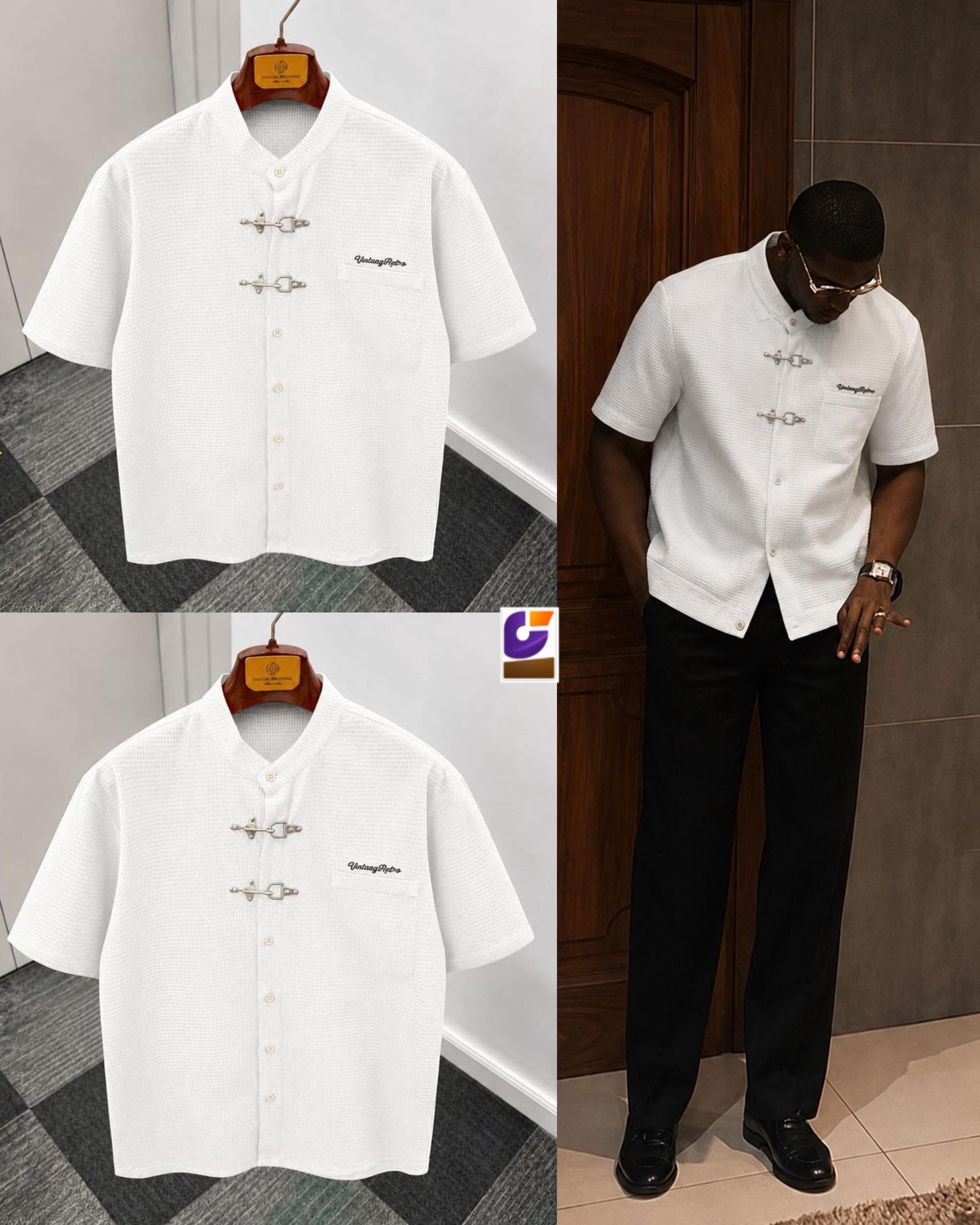 White waffle knit frog button shirt on hanger and worn by male model with black trousers.